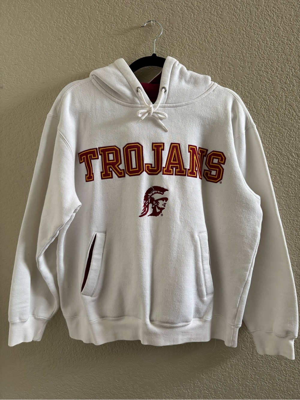 Champs White Trojans Hoodie with Red and Gold Lettering